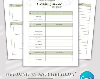Hochzeitsmusik Checklist Vorlage für Hochzeit Song Liste Canva Printable Guide für Event DJ Song Reiseplaner Bearbeitbare Zeremonie Playlist Planner