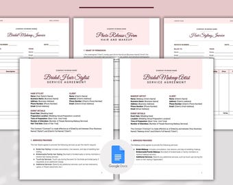 May include: A bundle of printable bridal hair and makeup forms, including invoices, service agreements, and a photo release form. The forms are in a soft pink and white color scheme, with the text "Bridal Hair & Makeup Forms Bundle".