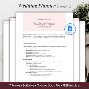 Peut inclure: Un modèle de contrat de planificateur de mariage rose et blanc avec le titre "Wedding Planner Contract" et le texte "Wedding Coordinator Service Agreement". Le document est modifiable et disponible en tant que fichier Google Docs. Le contrat comprend des sections pour la portée des services, les détails de l'événement et la gestion du budget.