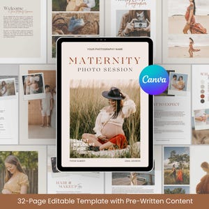 Puede incluir: Una plantilla digital para una guía de bienvenida para clientes de una sesión de fotos de maternidad. La plantilla está diseñada para ser utilizada con Canva e incluye una guía de bienvenida para clientes, una sección sobre qué esperar, consejos para el cabello y el maquillaje, y una sección de contacto. La plantilla presenta una foto de una mujer embarazada en un campo.