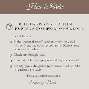 May include: A beige graphic with the text "How to Order" at the top. The text below explains the ordering process, including selecting a size, entering details, checking out on Etsy, and contacting the seller for special requests. The text also mentions that the item is printed and shipped.