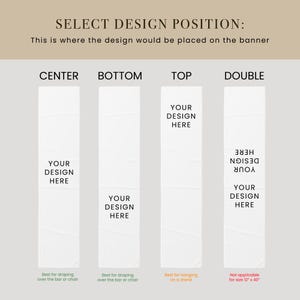 May include: A guide showing four vertical white banner layout options labeled CENTER, BOTTOM, TOP, and DOUBLE. Each column displays the text YOUR DESIGN HERE in different positions. The top header reads SELECT DESIGN POSITION in black text.