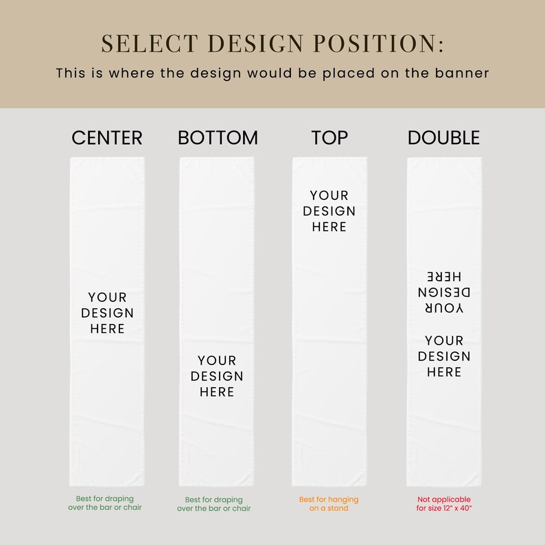 May include: A guide showing four vertical white banner layout options labeled CENTER, BOTTOM, TOP, and DOUBLE. Each column displays the text YOUR DESIGN HERE in different positions. The top header reads SELECT DESIGN POSITION in black text.