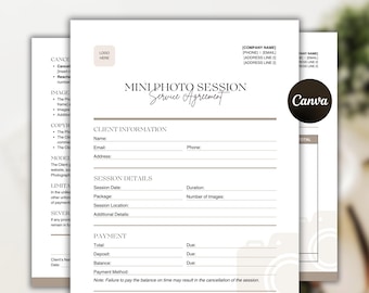 May include: A two-page contract and invoice template for mini photo sessions. The template is designed in a minimalist style with a brown and white color scheme. The text includes "Mini Photo Session Service Agreement", "Client Information", "Session Details", "Payment", and "Total".