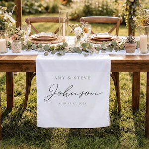 Custom Wedding Table Runner, Linen Sweetheart Table Sign, Personalized Fabric Table Runner with Names, Rustic Wedding Decor for Reception image 6