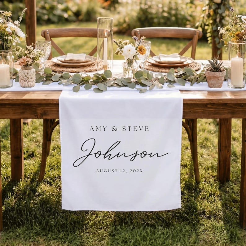 Custom Wedding Table Runner, Linen Sweetheart Table Sign, Personalized Fabric Table Runner with Names, Rustic Wedding Decor for Reception image 6