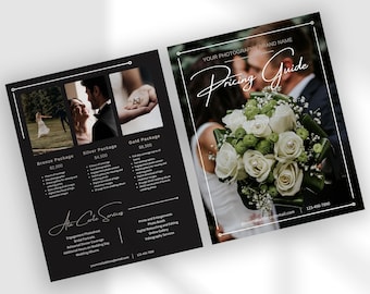 Plantilla de guía de precios de fotografía de bodas para folleto de fotógrafo de eventos Plantilla de lista de precios de Canva para folleto de fotógrafo editable