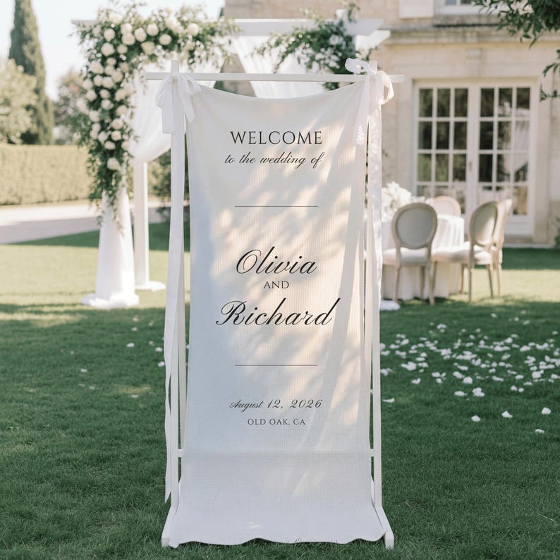 Custom Linen Wedding Banner, Personalized Wedding Welcome Sign, Rustic Engagement Party Decor, Rehearsal Dinner Reception Entrance Tapestry image 2