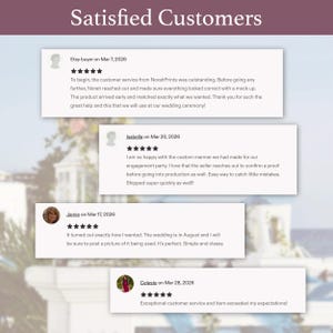 Puede incluir: Encabezado de p&aacute;gina web con el texto "Satisfied Customers" en fuente burdeos. Debajo, cuatro rese&ntilde;as de clientes con calificaciones de cinco estrellas, cada una con el nombre y la fecha del cliente. Las rese&ntilde;as elogian el servicio al cliente y la calidad del producto.
