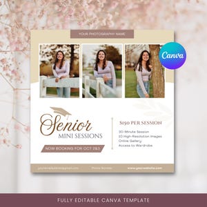 Sjabloon Senior Minis Canva, Afstuderen Fotografie Mini Sessies Instagram Post, Sjabloon Fotoshoot Middelbare School Fotograaf voor Marketing