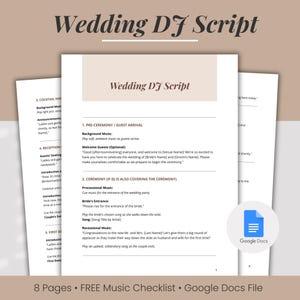 Wedding DJ Script Template Google Docs, Pre-written Wedding DJ Ceremony Guide, Dance Song Checklist, Disc Jockey Music Timeline Icebreakers