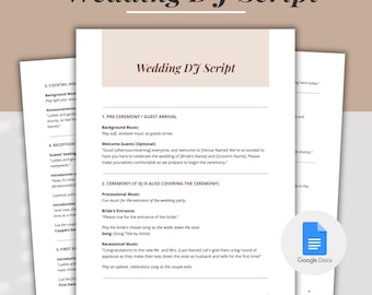 Wedding DJ Script Template Google Docs, Pre-written Wedding DJ Ceremony Guide, Dance Song Checklist, Disc Jockey Music Timeline Icebreakers
