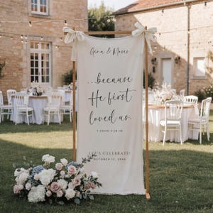 Custom Bible Verse Linen Wedding Welcome Sign, Church Wedding Banner with Scripture, Personalized Quote Fabric Reception and Ceremony Decor