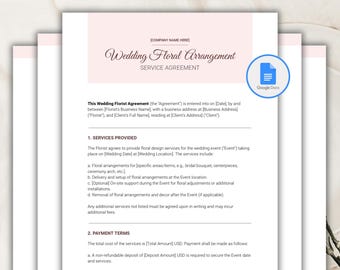 Plantilla de contrato de floristería para bodas (Documentos de Google), contrato de servicios de arreglos florales para eventos, formulario legal para clientes de floristerías.