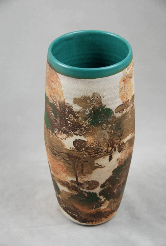 Large Vase In Teal Green With Orange Brown And Green Etsy