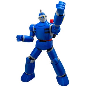 May include: A blue action figure of a robot with a helmet and a red belt. The robot has gray accents and is posed with one arm raised in a fist. The figure has a backpack and is standing on a white background.