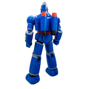 May include: A blue robot action figure with a silver head and red and orange jetpacks. The figure has articulated joints and gray accents. The robot is standing on a white surface.