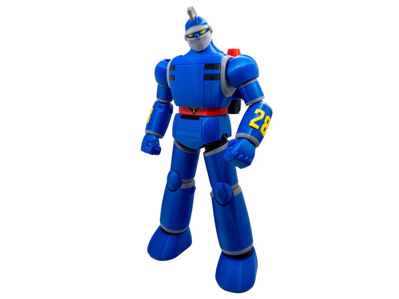 May include: A blue robot action figure with a silver helmet and face guard. The figure has a red belt, yellow accents, and the number 28 on its arm. It stands on a white background.