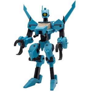 May include: A light blue and black robot action figure featuring a single yellow eye, claw-like hands, and two large wing-like protrusions extending from the shoulders. The mechanical figure has articulated joints and a central chest panel.