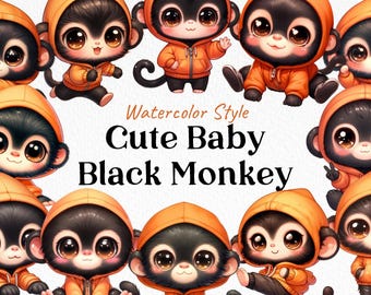 Watercolor Chibi Monkey PNG Clipart, Orange Hoodie (Digital Download)