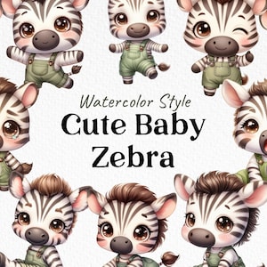 以下が含まれることがあります： 茶色と白の縞模様の、緑色のオーバーオールを着た、かわいい赤ちゃんシマウマのイラスト。画像には「Watercolor Style Cute Baby Zebra」というテキストが含まれています。シマウマは大きな茶色の目をしています。