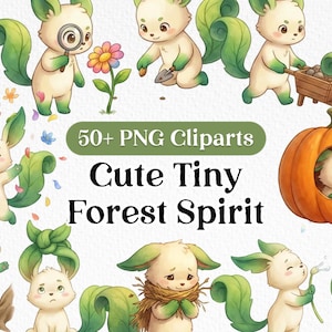 May include: A collection of whimsical forest spirit cliparts in PNG format. The image features multiple illustrations of adorable creatures with leaf-like ears and tails, engaged in various activities. Text reads "50+ PNG Cliparts Cute Tiny Forest Spirit."