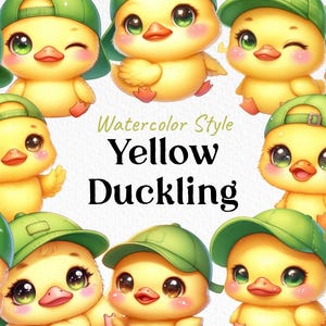 Puede incluir: Ilustración en acuarela de varios patitos amarillos con gorras verdes. Los patitos tienen ojos grandes y guiñan o sonríen. El texto "Watercolor Style Yellow Duckling" está en el centro.