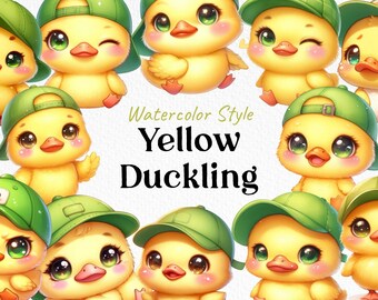 Watercolor Duckling Clipart – Kawaii Yellow Baby Duck, Green Cap (PNG Bundle)