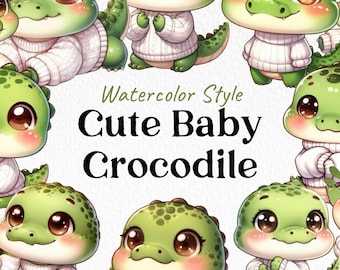 Pacote de imagens PNG de crocodilo bebê em aquarela, animais kawaii (download digital)