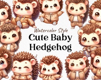 Cute Baby Hedgehog Clipart, Kawaii PNG Set (Digital Download)