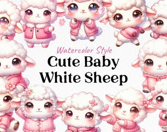 Watercolor Kawaii Sheep Clipart, Pastel Lamb PNG Set (Digital Download)