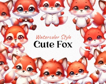 Watercolor Baby Fox Clipart – Cute Kawaii PNG Bundle (Digital Download)