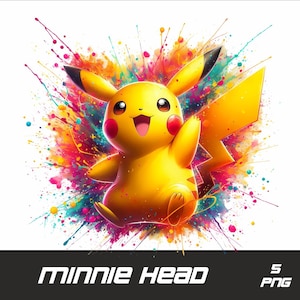 May include: A yellow cartoon character with a lightning bolt tail, known as Pikachu, is surrounded by colorful paint splatters. The character is smiling and has a happy expression.