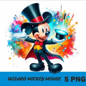 Könnte beinhalten: Mickey Mouse als Zauberer verkleidet, mit einem schwarzen Zylinder und einer roten Fliege. Er hält einen Zauberstab und einen Zylinder in seiner rechten Hand. Der Hintergrund ist ein bunter Aquarellspritzer.