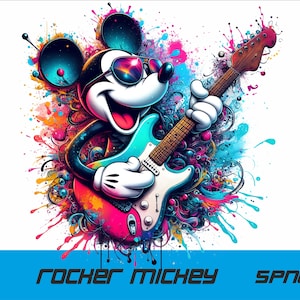 Könnte beinhalten: Eine farbenfrohe Illustration von Mickey Mouse, der eine E-Gitarre spielt. Der Hintergrund ist ein lebendiger Mix aus blauen, rosa, orangen und gelben Farbspritzern. Das Bild enthält den Text "rocker mickey spng".