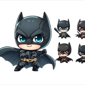 Op de afbeelding: Een cartoonillustratie van Batman in een zwart en blauw kostuum met een gele riem. Hij staat met zijn armen gekruist en heeft een vastberaden uitdrukking op zijn gezicht. Er zijn vier kleinere versies van Batman op de achtergrond, elk met een iets andere uitdrukking.
