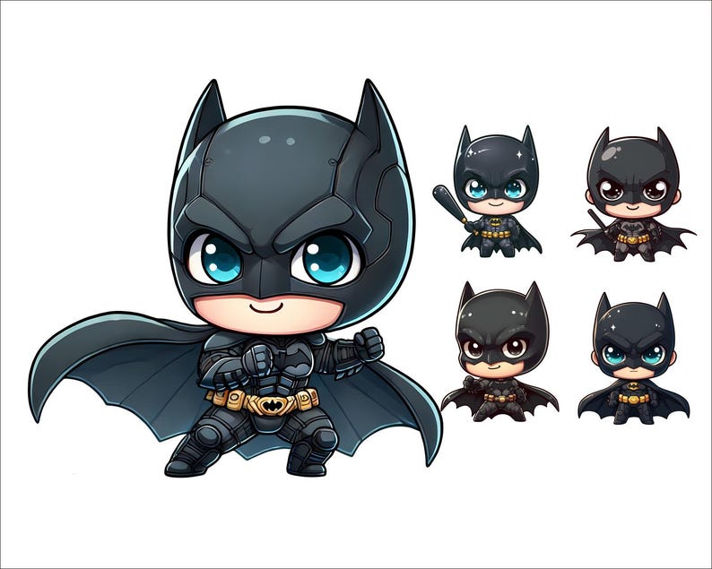 Op de afbeelding: Een cartoonillustratie van Batman in een zwart en blauw kostuum met een gele riem. Hij staat met zijn armen gekruist en heeft een vastberaden uitdrukking op zijn gezicht. Er zijn vier kleinere versies van Batman op de achtergrond, elk met een iets andere uitdrukking.