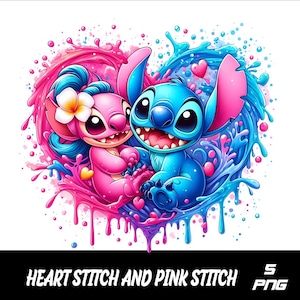 5 PNG Heart Pink Stitch and  Stitch Png Stitch Splash and Watercolor Png Stitch Transparent PNG file for Sublimation
