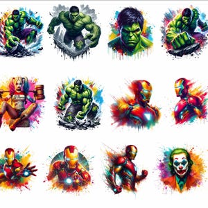 May include: A digital collage of superhero characters with colorful paint splatters in the background. The characters include Hulk, Iron Man, Joker, and Harley Quinn.