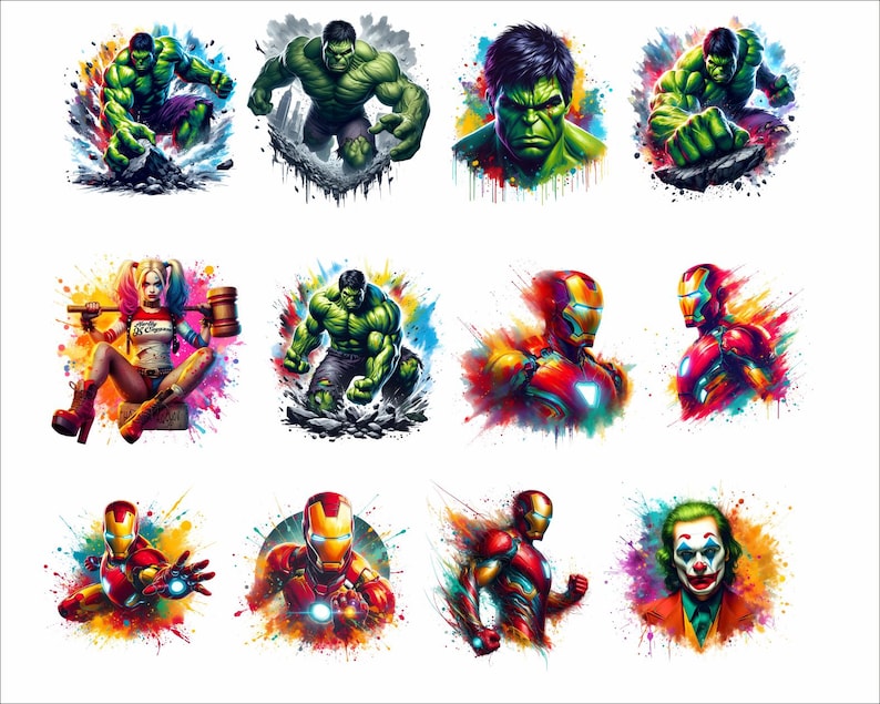 May include: A digital collage of superhero characters with colorful paint splatters in the background. The characters include Hulk, Iron Man, Joker, and Harley Quinn.