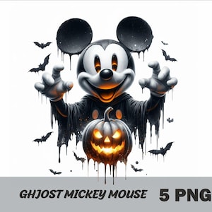 May include: A digital illustration of Mickey Mouse dressed as a ghost, holding a glowing jack-o'-lantern. The image features dripping black paint, bats, and the text "GHJOST MICKEY MOUSE 5 PNG" at the bottom, perfect for Halloween.