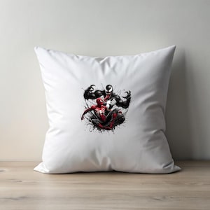 May include: White pillow with a black and red graphic print of Spider-Man and Venom fighting.