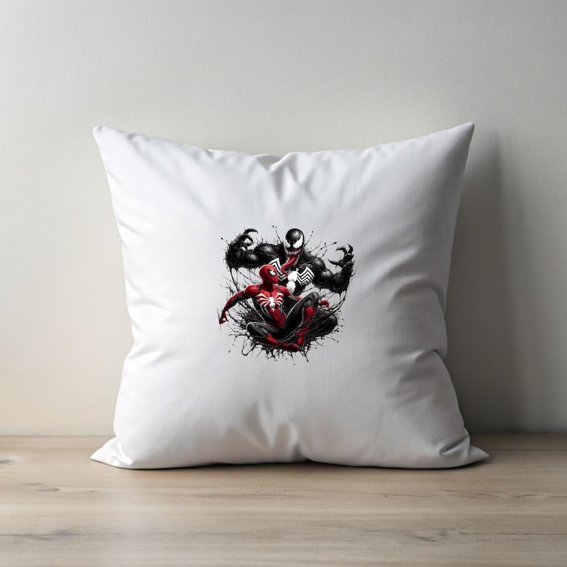 May include: White pillow with a black and red graphic print of Spider-Man and Venom fighting.