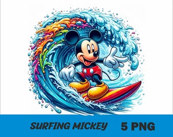 5 PNG Surfing Mickey Png Mouse Splash and Watercolor Png Mickey Transparent PNG file for Sublimation