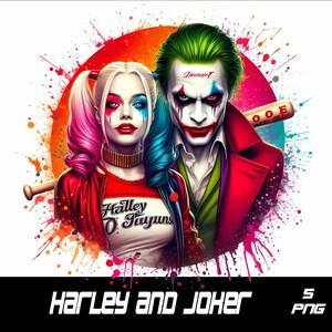 May include: Digital illustration featuring Harley Quinn and the Joker, set against a vibrant splatter background. Harley Quinn has pink and blue pigtails, and the Joker has green hair. The image includes a baseball bat and the text "Harley and Joker".