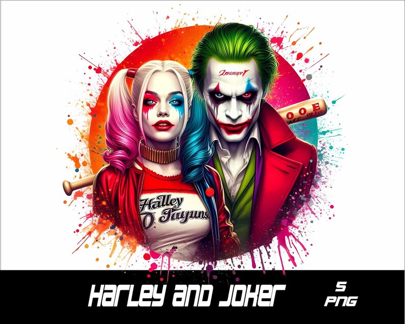 May include: Digital illustration featuring Harley Quinn and the Joker, set against a vibrant splatter background. Harley Quinn has pink and blue pigtails, and the Joker has green hair. The image includes a baseball bat and the text "Harley and Joker".
