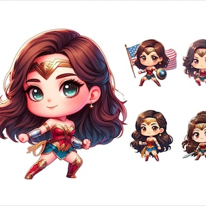 Op de afbeelding: Een digitale illustratie van een cartoon Wonder Woman in vijf verschillende poses. Het Wonder Woman-personage is een vrouwelijke superheldin met een rood, blauw en gouden kostuum. Het personage wordt afgebeeld met lang bruin haar en een tiara.