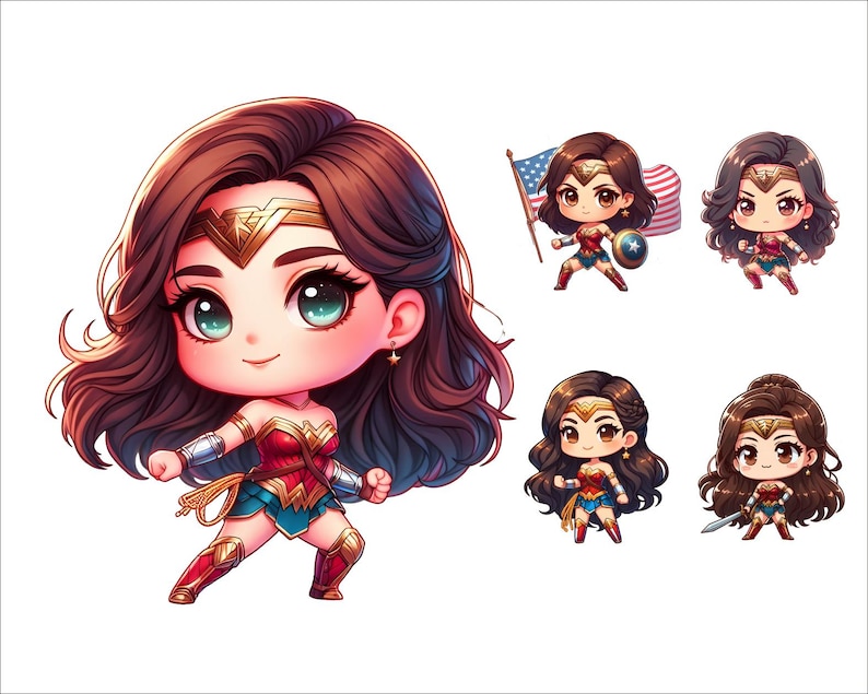 Op de afbeelding: Een digitale illustratie van een cartoon Wonder Woman in vijf verschillende poses. Het Wonder Woman-personage is een vrouwelijke superheldin met een rood, blauw en gouden kostuum. Het personage wordt afgebeeld met lang bruin haar en een tiara.