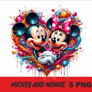 Może przedstawiać: Myszka Miki i Minnie Mouse są przedstawione w kolorowym sercowatym wzorze z kapiącą farbą. Tło jest białe.