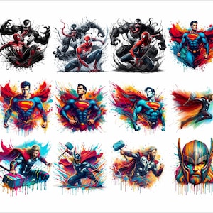 May include: A digital collage of nine images featuring various superheroes. The images are set against a colorful background with paint splatters. The superheroes include Venom, Spider-Man, Superman, and Thor.